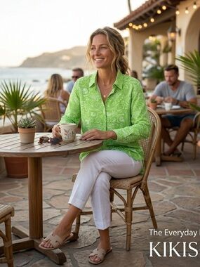 Kikisol Top XL Tropical Floral V Neck 3/4 Sleeve Tunic Lightweight Coverup Green